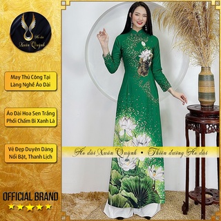  Áo Dài Truyền Thống Hoa Sen Trắng Chấm Bi Xanh Ngọc Lục Bảo K102 - Áo Dài Xuân Quỳnh 
