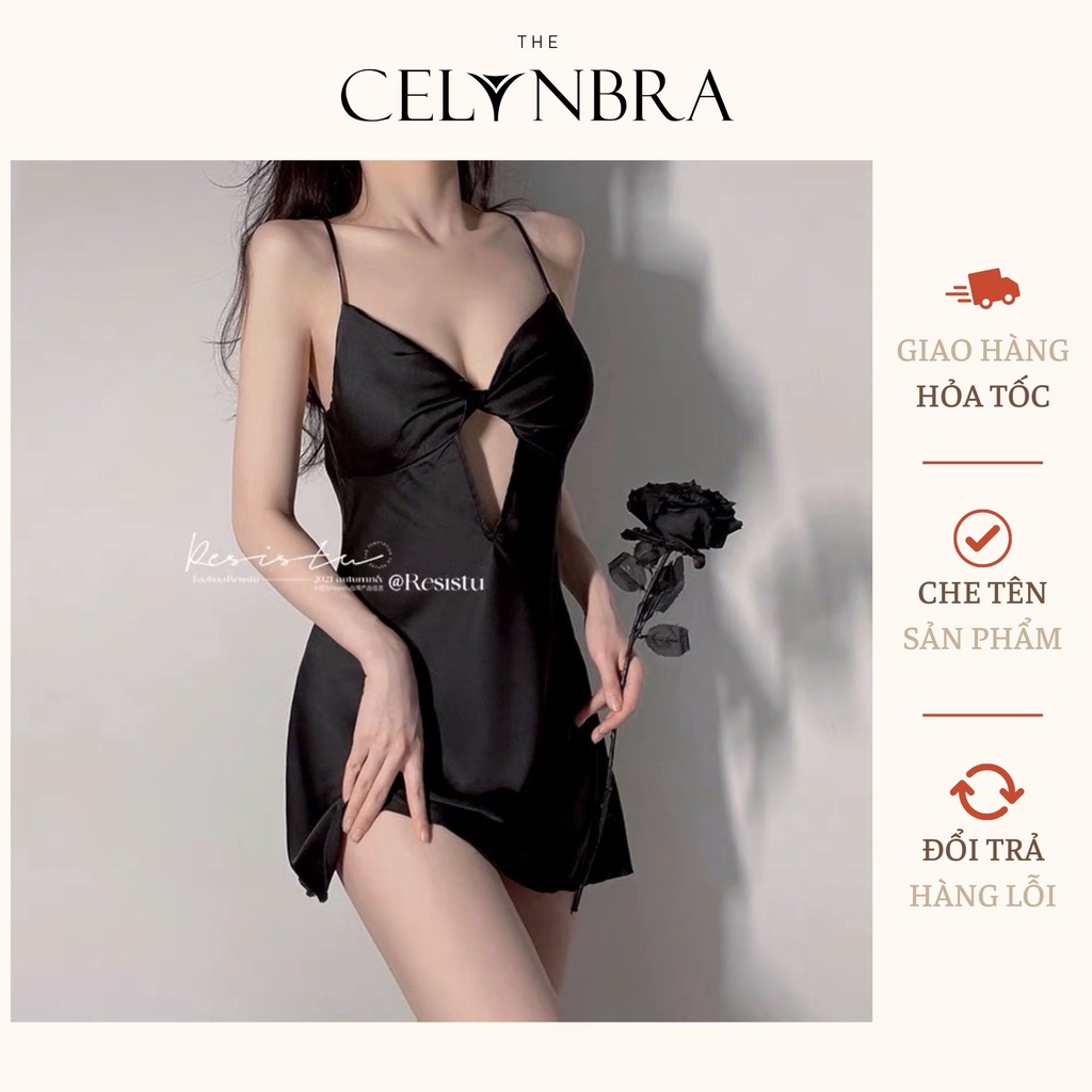 Váy ngủ lụa mềm xoắn ngực dây đan lưng quyến rũ CELYN BRA - V37