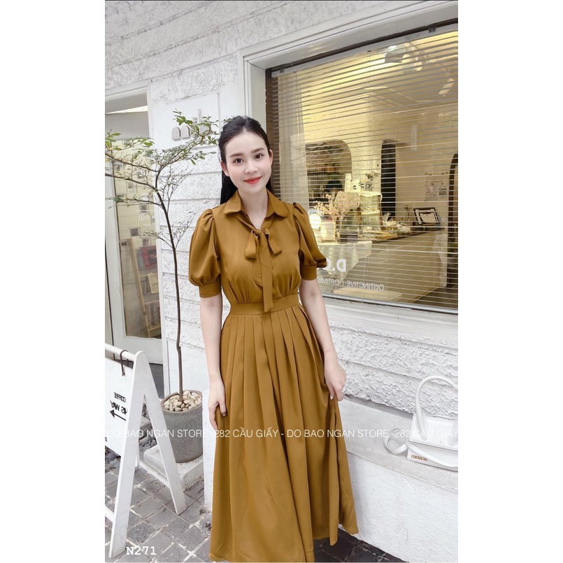 Váy sơ mi nâu tây tiểu thư thắt eo dáng dài DN123