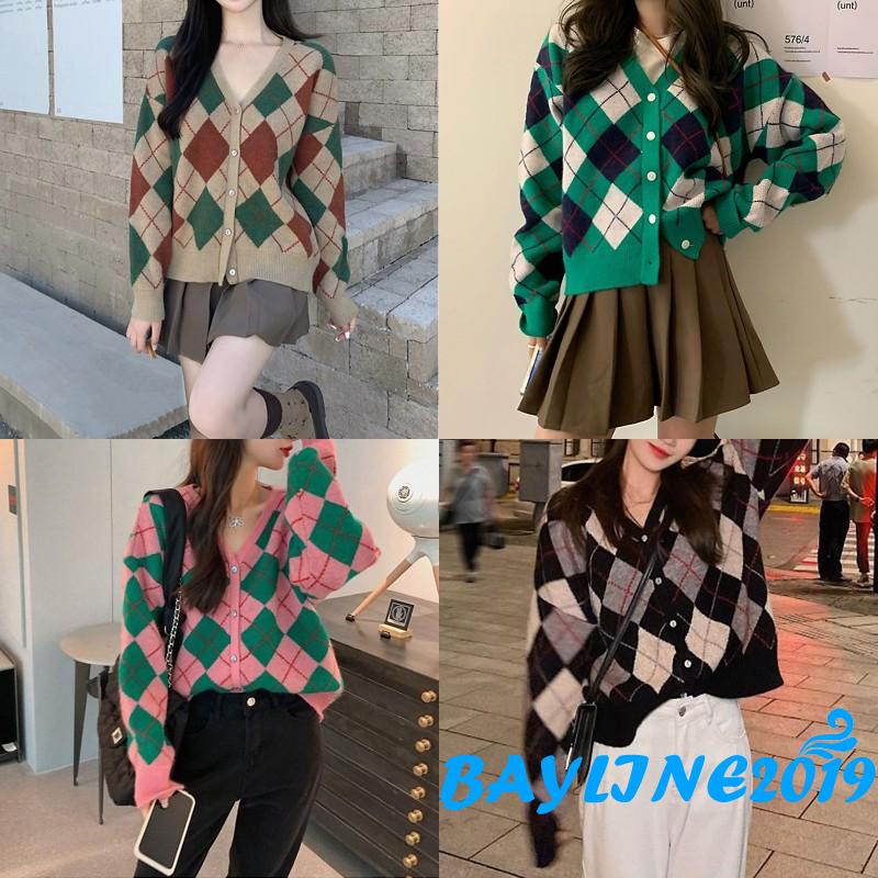 Áo khoác len nữ dài tay cổ chữ v màu sắc tương phản