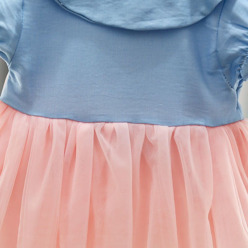 Đầm lưới   tay ngắn cổ búp bê thắt nơ eo thêu họa tiết xinh xắn dành cho bé gái 0-4 tuổi