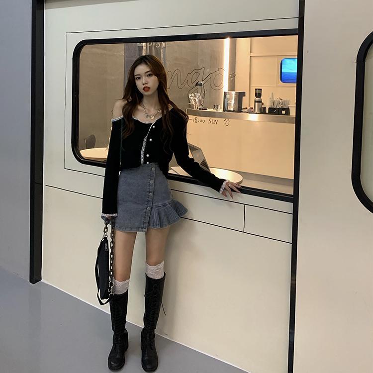 Áo Khoác Cardigan Màu Đen Tay Dài Thiết Kế Không Đồng Đều Không Đồng Đều Dành Cho Nữ