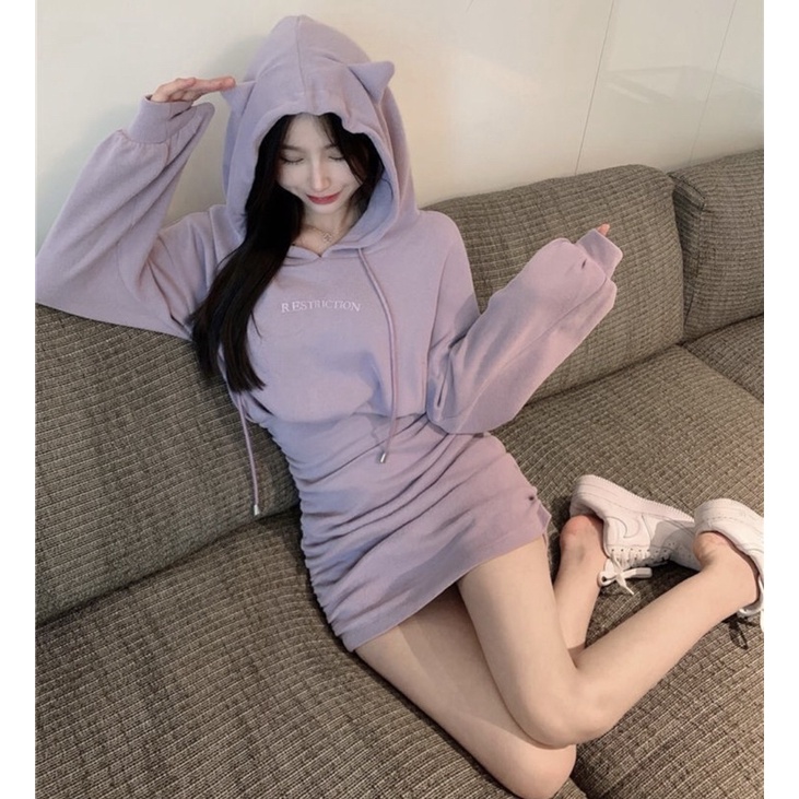 Váy nhún bèo ôm body kiểu dáng hodie tai mèo thu đông phong cách