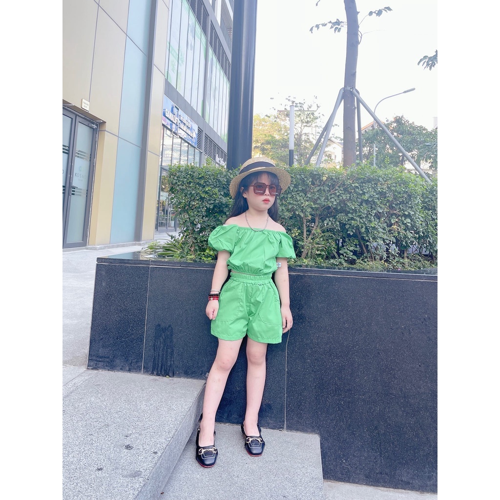 Set áo trễ vai tay bồng 2 lớp kèm quần short thô mềm cho bé gái
