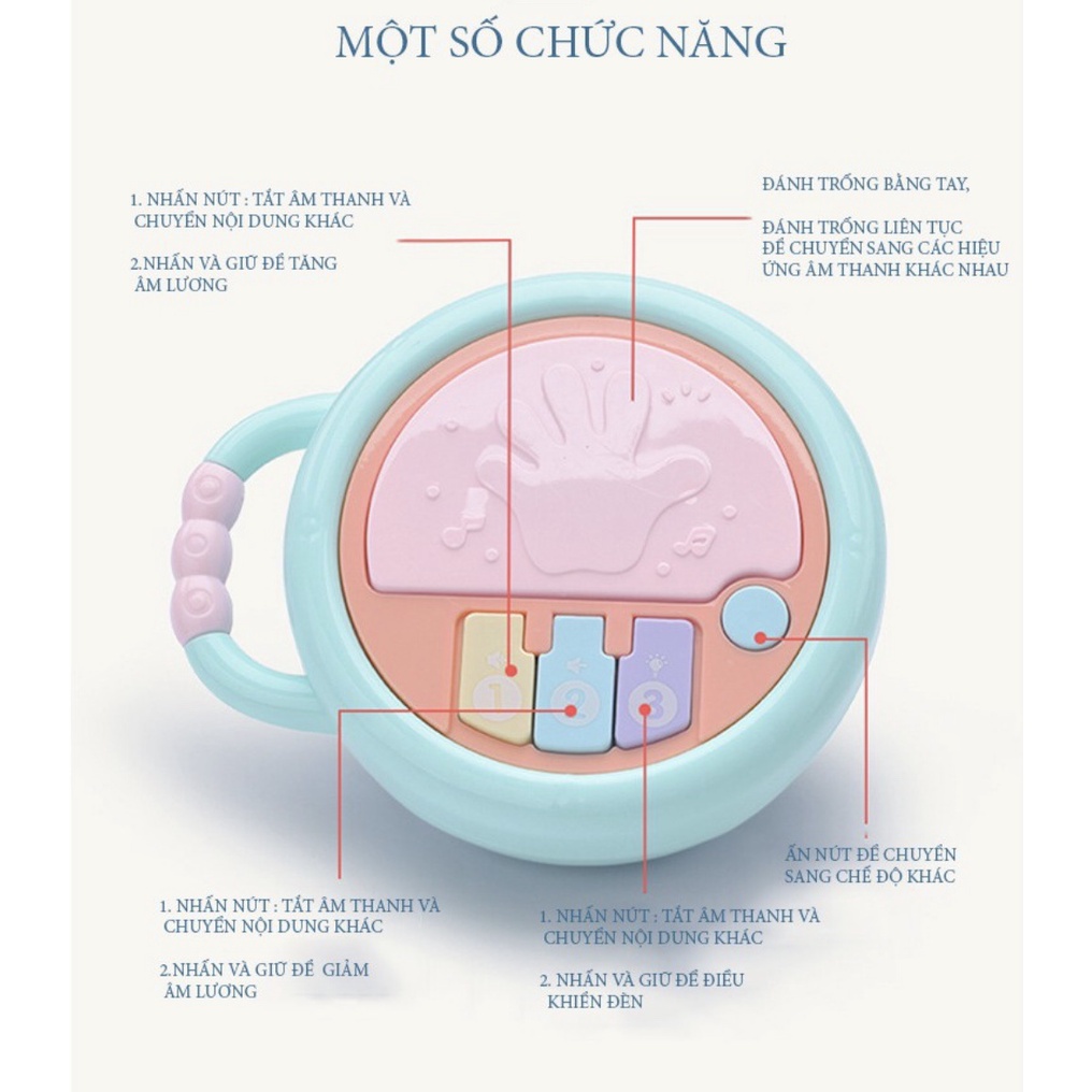 Đồ chơi trống nhạc cầm tay đa năng có âm thanh và đèn giúp phát triển giác quan cho bé trai bé gái 6 tháng trở lên