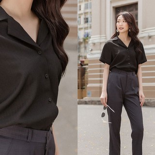 Áo Sơ Mi Kiểu Tay Ngắn, Áo Sơ Mi Nữ Màu Đen Hàng Thiết Kế Công Sở Chất Liệu Mềm Mịn Dễ Phối Đồ.