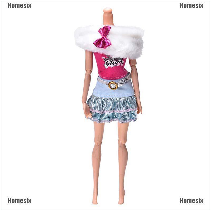 [HoMSI] 3 Pcs/Set White Fur Collar Skirt Suit for Barbie Dolls Pink Vest Fashion Clothes SUU