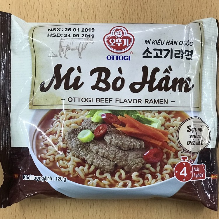 Lô 8 gói Mì Bò Hầm Ottogi đủ 2 vị kim chi, bò hầm 120g x 8 Gói
