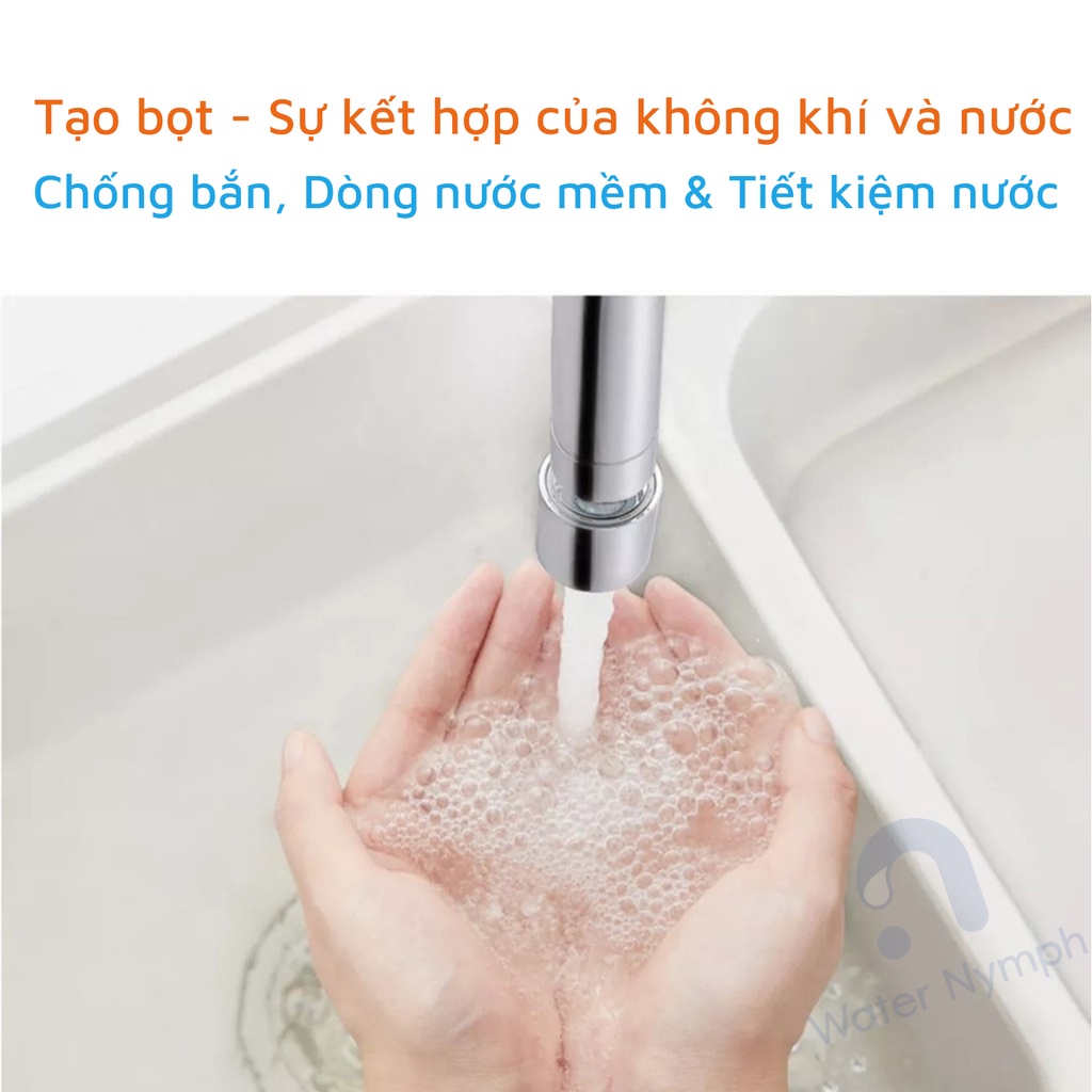 Đầu vòi nước tăng áp, xoay 360 độ Waternymph N23, tạo bọt, chống bắn hai chế độ phun tiện ích (tặng bộ ren 6 món)