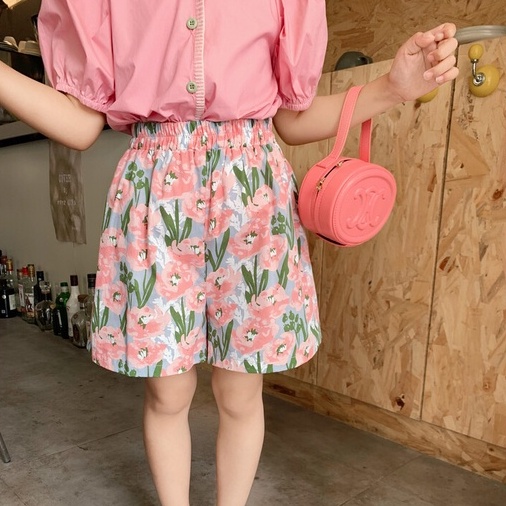 Set Áo Sơ Mi Tay Ngắn Phồng Phối Quần Short In Hoa Thời Trang Mùa Hè Phong Cách Hàn Quốc Cho Bé Gái