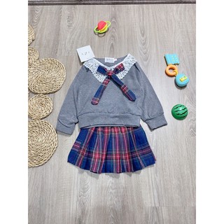Set áo nỉ xám mix chân váy caro xoè cho bg