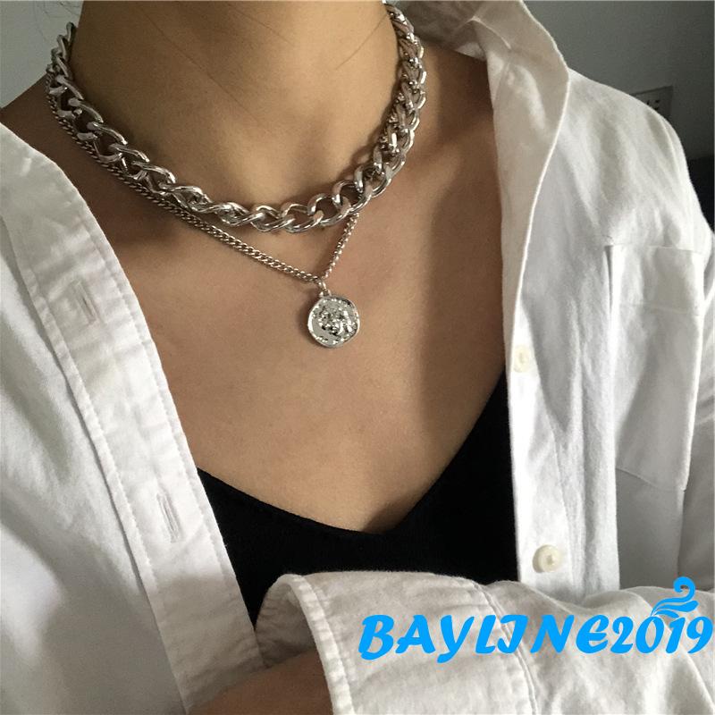 Vòng cổ Hai Lớp Mặt Hình Đồng Xu Cổ Điển Cho Nữ