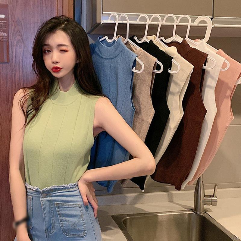 Áo thun lửng chui đầu dệt kim không tay cổ lọ cao vừa dáng ôm màu trơn thời trang dành cho bạn nữ