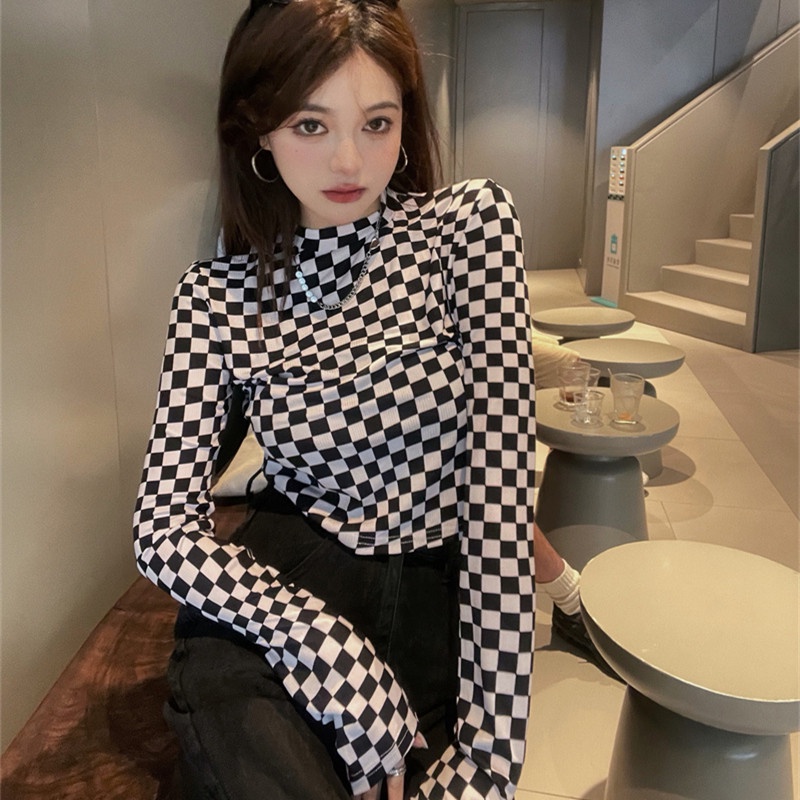 Áo thun tay dài cổ tròn họa tiết sọc caro form ôm hợp thời trang