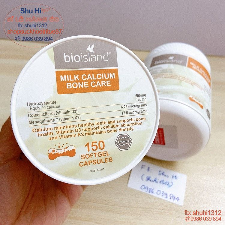 Canxi hữu cơ kèm d3 k2 giúp tăng khả năng hấp thu, milk calcium bone care bio island 150 viên úc, người lớn từ 12 tuổi