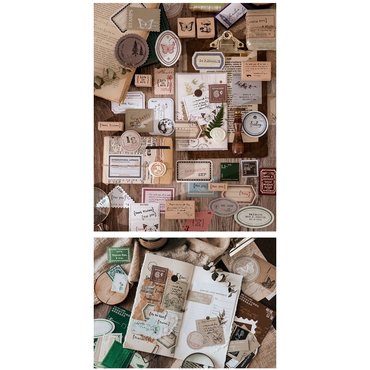 Set 40 giấy kraft ghi chú có keo dán thiết kế tem vintage trang trí thẻ LOMO đa dụng