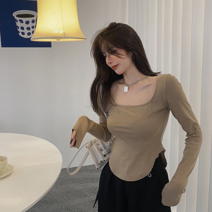 Áo thun lửng COZOK dài tay thiết kế bất đối xứng thời trang cho nữ