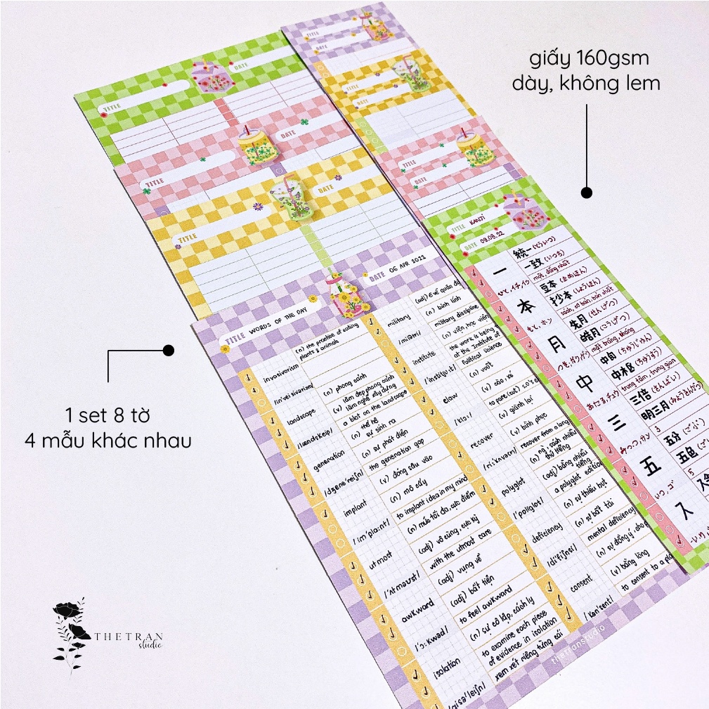 Bộ 8 tờ giấy ghi chú học từ vựng B5, A5, Half A5 kẻ caro kẻ ngang | blooming vocabulary sheet | thetranstudio