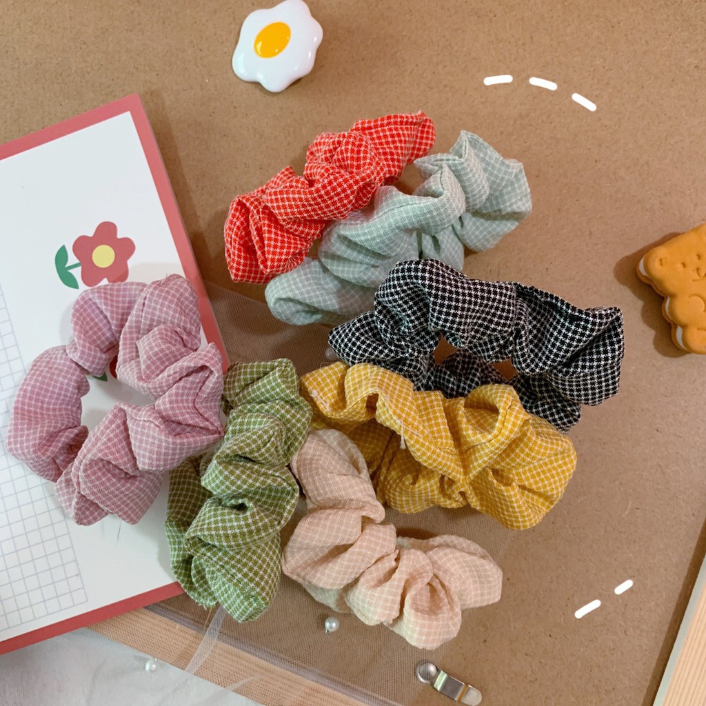 Cột Tóc Vải Scrunchies Caro Chấm Bi Mềm Mại Màu Xinh