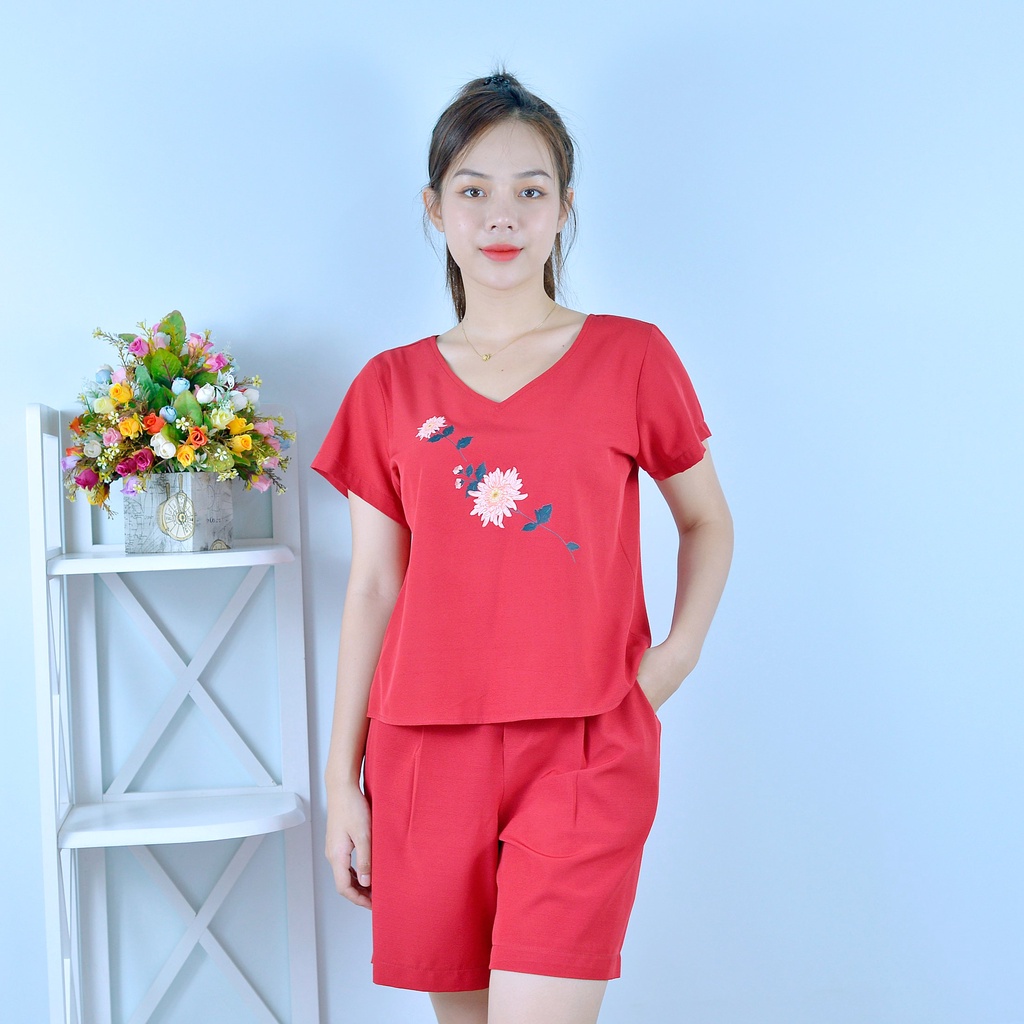 Bộ đồ nữ  MÀU ĐỎ CỔ TIM IN HOA  - vải lụa cao cấp - Cực Kì Sang Chảnh