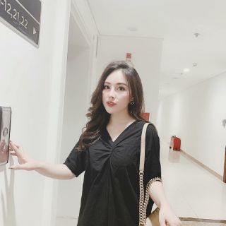 Đầm suông cổ V nhún ngực (có cận vải)