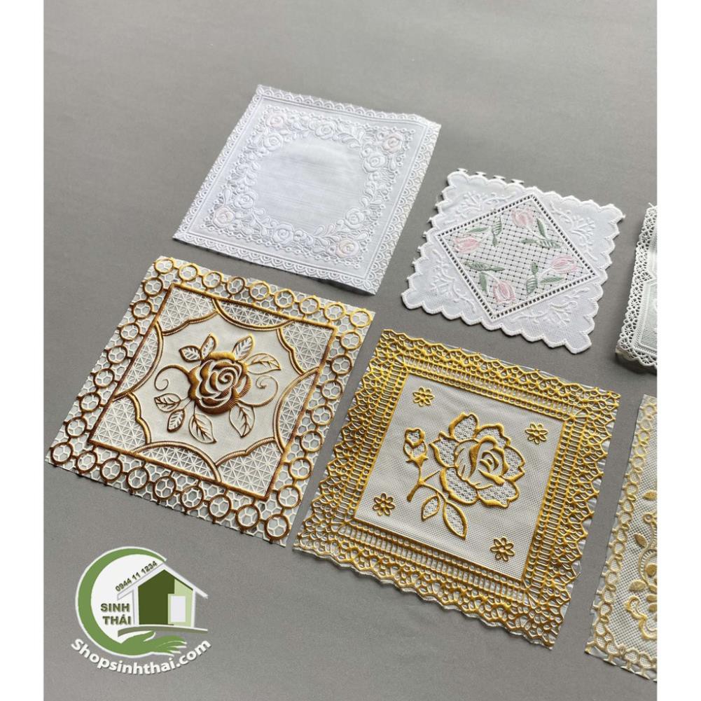 Tấm lót ly bằng nhựa, có ren, hoa văn dập nổi 10cm x 10cm