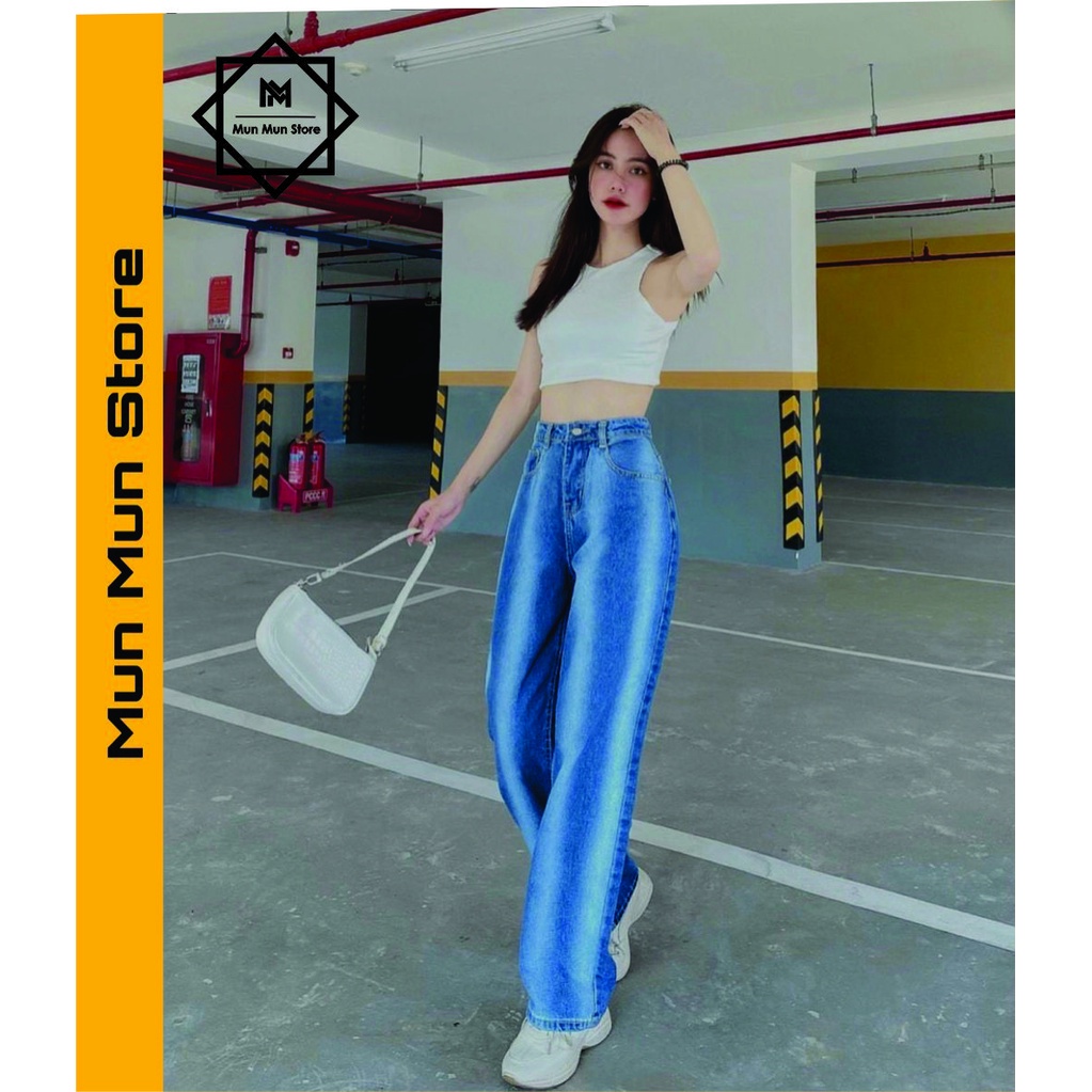 Quần Jean Suông Nữ MunMunStore Quần Jean Baggy Loang Sọc  2 Màu Lưng Cao Hack Dáng 131