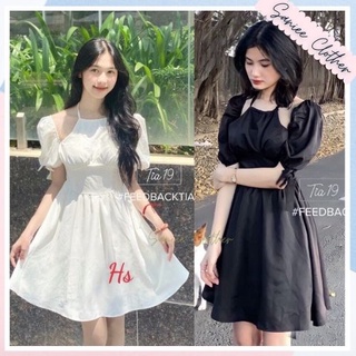 Váy nữ cổ yếm tay phồng dáng xòe đầm xòe nữ midi vai dúm cổ yếm thun eo dáng xòe tiểu thư Saniee Clother