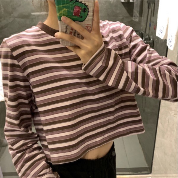 2020 new small retro hot girl short stripe T-shirt long sleeve top bottom | BigBuy360 - bigbuy360.vn