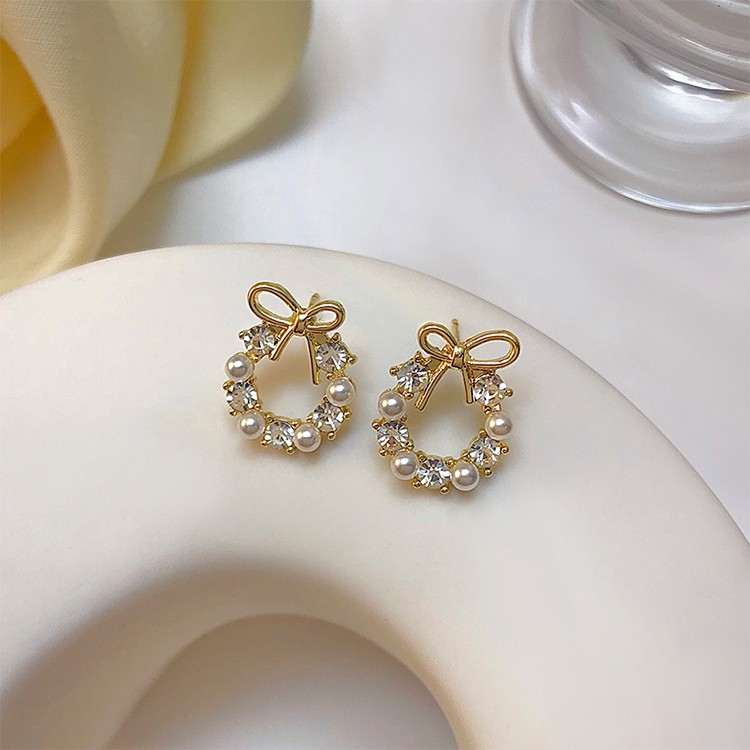 Khuyên tai kẹp không bấm lỗ chốt cố định K073 bằng hợp kim mạ vàng hình tròn đính hạt trai dáng ngắn Leous Accessories