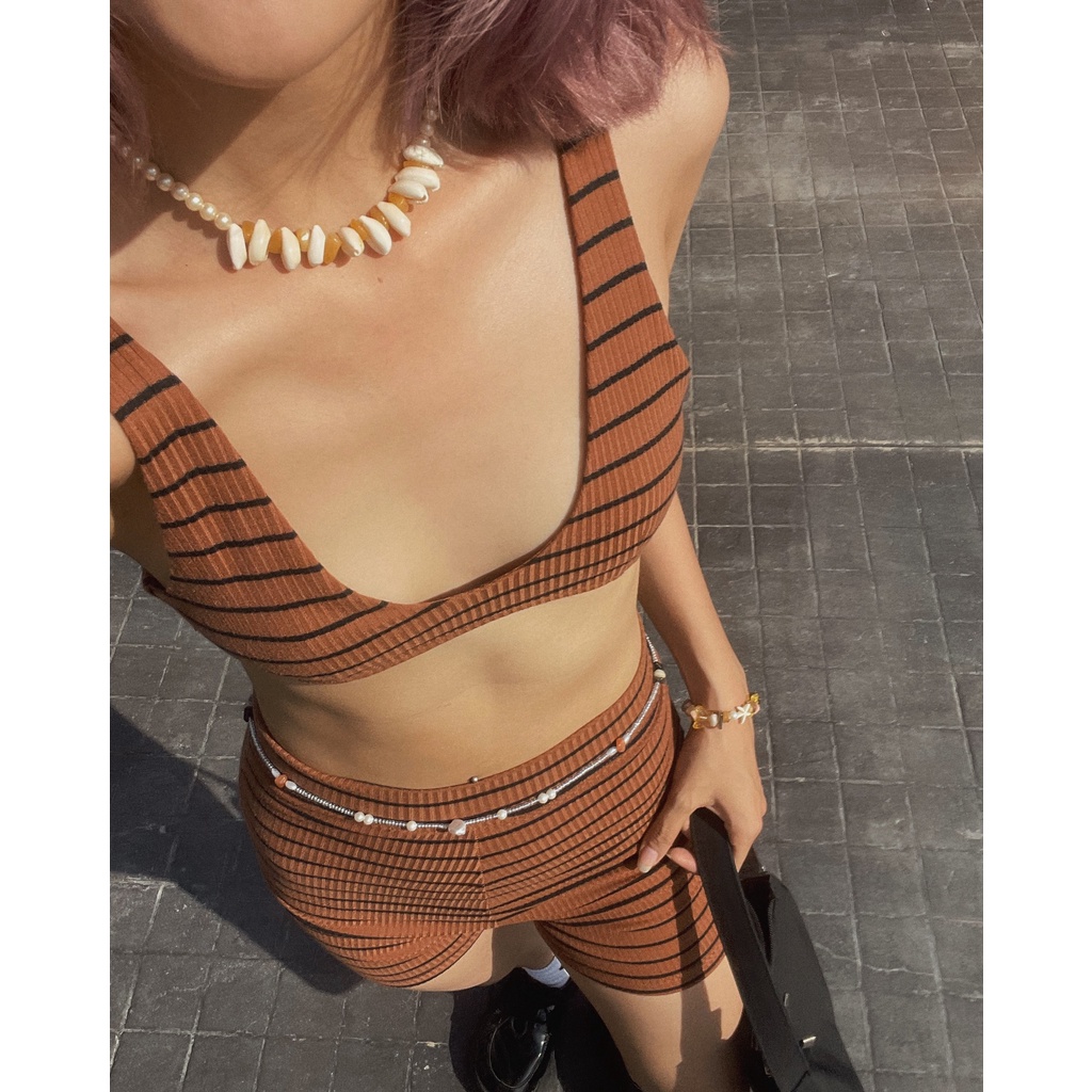 Quần thun ngắn kẻ sọc, là min - CLAY KNIT SHORTS