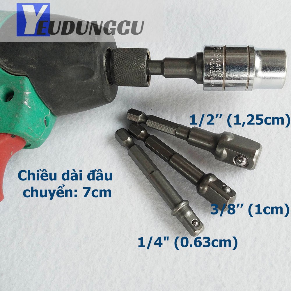 Sét 3 Đầu chuyển lục giác Bắn Vít sang Bulong 3 kích cỡ 1/4 3/8 1/2 (dài 7cm)