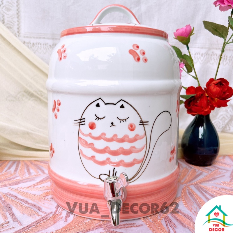 Bộ Bình đựng nước Gốm Sứ Bát Tràng có vòi, bình gốm 9 lit Hình Mèo Hồng Decor Cực Xinh