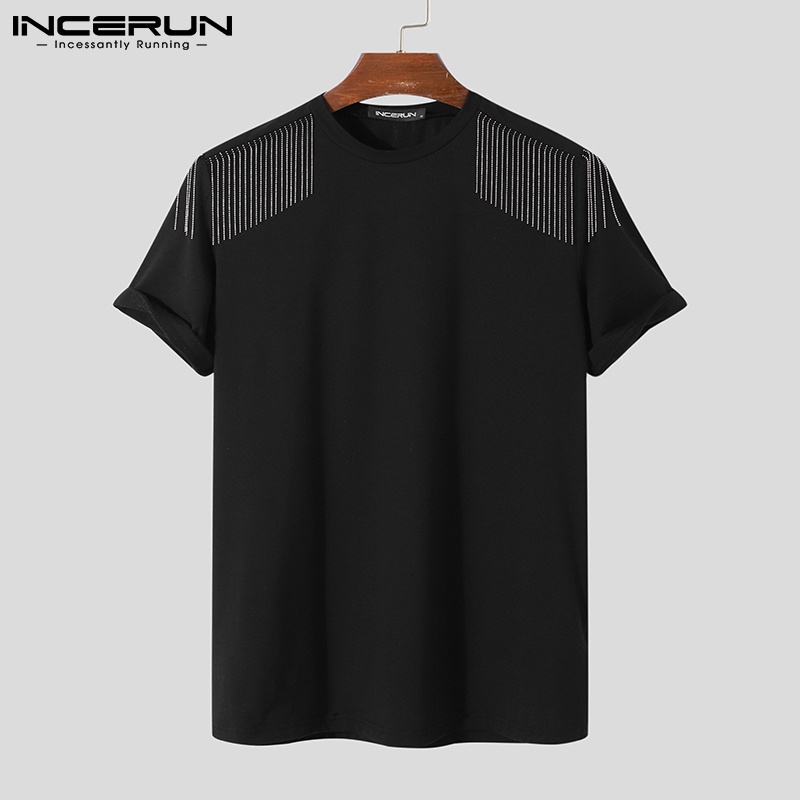 Áo thun INCERUN tay ngắn cổ tròn dáng rộng họa tiết tua rua thời trang cho nam