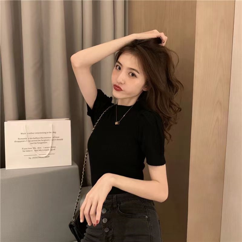 Áo len tăm nữ cổ 3 phân Tay Bồng Lỡ tiểu thư điệu đà, áo len nữ cổ tròn mềm mịn ôm body nhiều màu