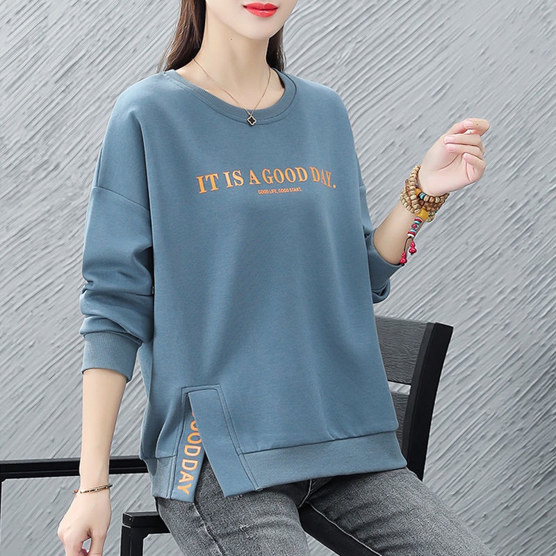 Áo thun tay dài cổ tròn dáng rộng thời trang mùa thu cho phụ nữ trung niên