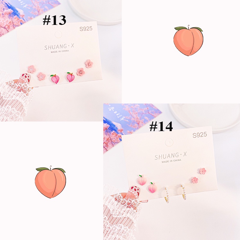 Set Bông tai,hoa tai, khuyên tai hoa Tulip, gấu, nơ, đào dễ thương phong cách Hàn Quốc