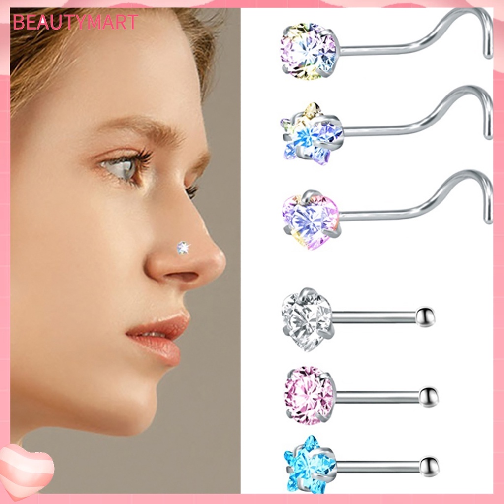 Bộ 3 Khuyên Mũi Bằng Thép Không Gỉ Đính Đá Zircon Hình Ngôi Sao / Trái Tim