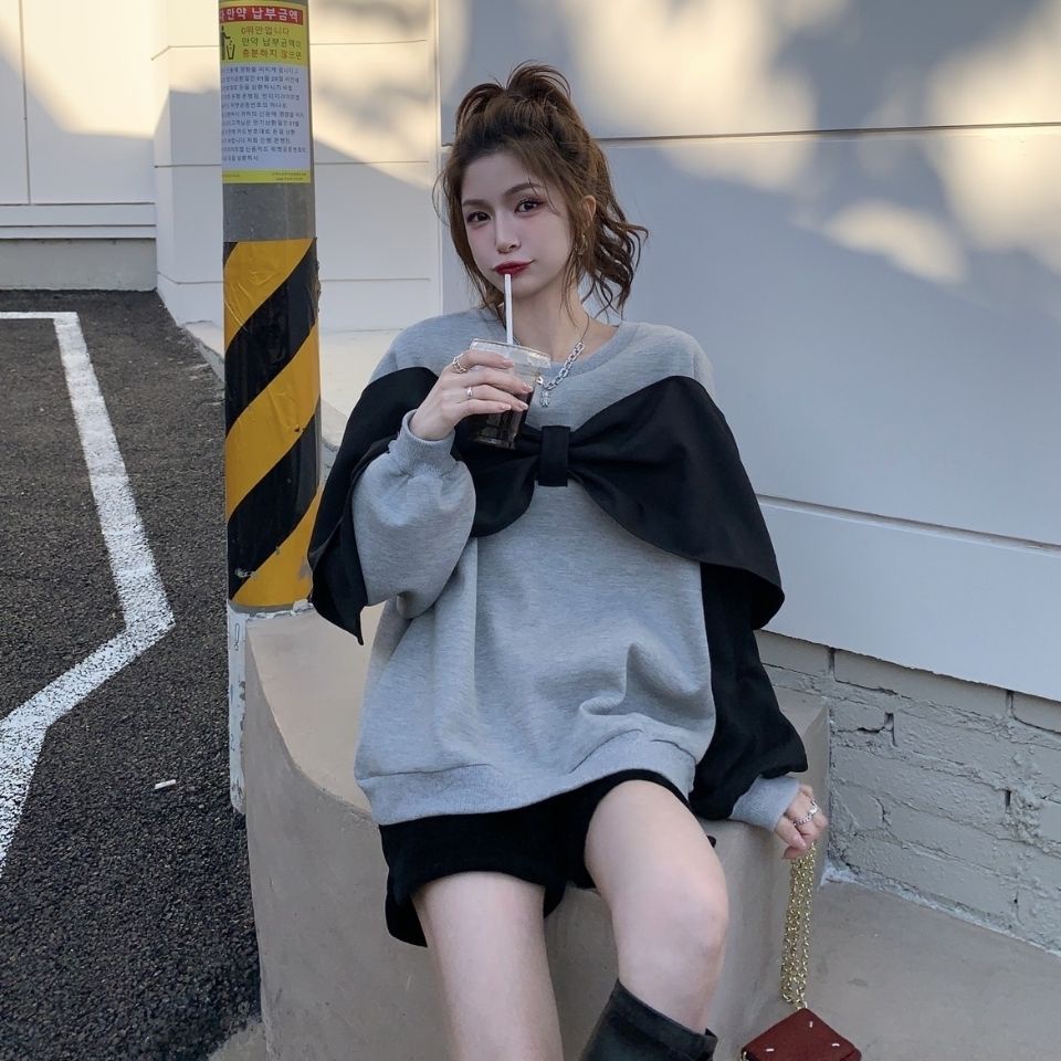 Áo kiểu COZOKC tay dài dáng rộng phối nơ màu tương phản phong cách Hàn Quốc