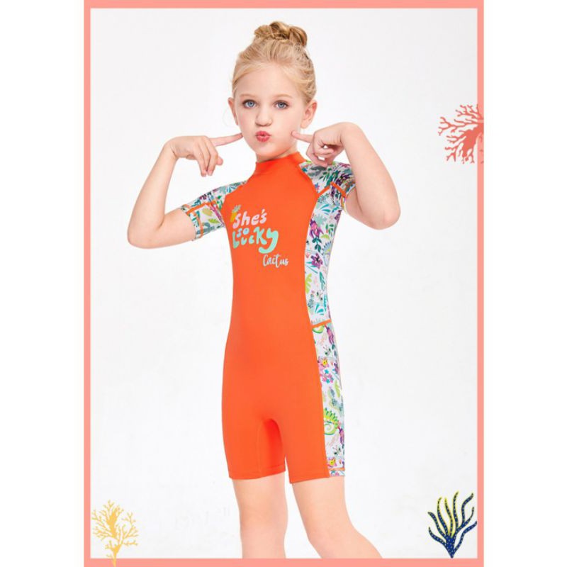 Đồ bơi liền thân ngắn tay chống nắng cao cấp cho bé gái 12-28kg mẫu màu cam nổi bậc , màu xanh ngọc bắt mắt
