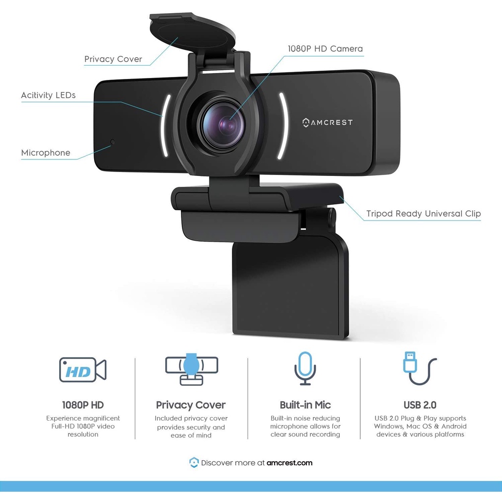 Webcam dành cho PC, Laptop Amcrest 1080p, có mic, dùng được trong ánh sáng yếu (Like-new 98%) | BigBuy360 - bigbuy360.vn