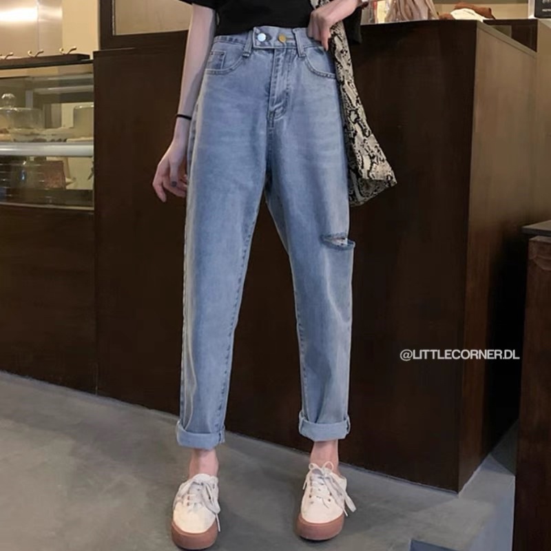 Quần Slim Baggy Denim Jean Nữ Lưng Chun 2 Nút Rách Gối Quảnh Châu