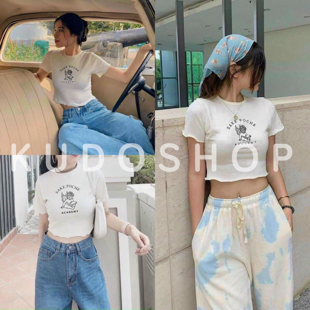 Áo croptop nữ sake cổ tròn tay ngắn chất bozip co giãn 4 chiều màu trắng GuuZ Fashionista