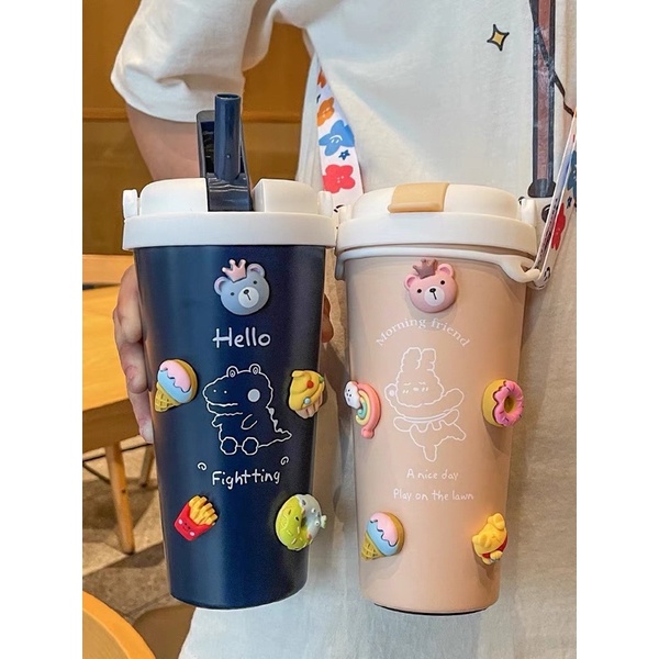 Ly giữ nhiệt 500ml, bình đựng nước giữ nhiệt cute có ống hút, dây đeo và sticker