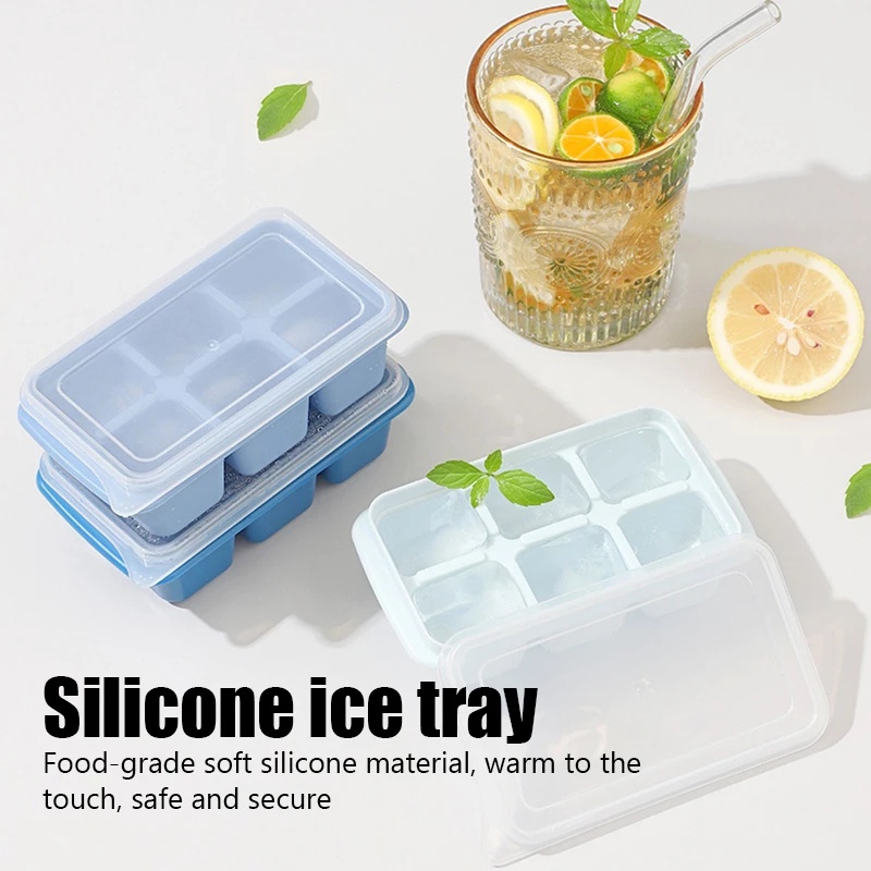 Khuôn Silicone Làm Đá Viên 6 Ngăn Kèm Nắp Đậy