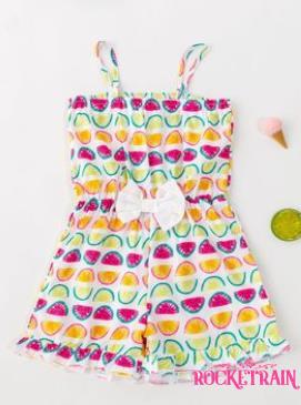 BABYGARDEN-Children Fruit Print Short Romper, Girls Sleeveless Ruffle Hem Elastic Waist Sling Jumpsuit