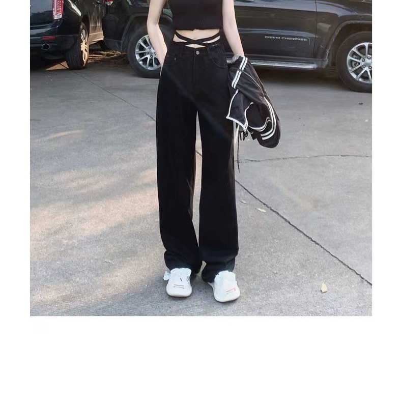 Quần Jean Dài Mỏng Lưng Cao Dáng Rộng Màu Đen Thời Trang 2022 Cá Tính Cho Nữ