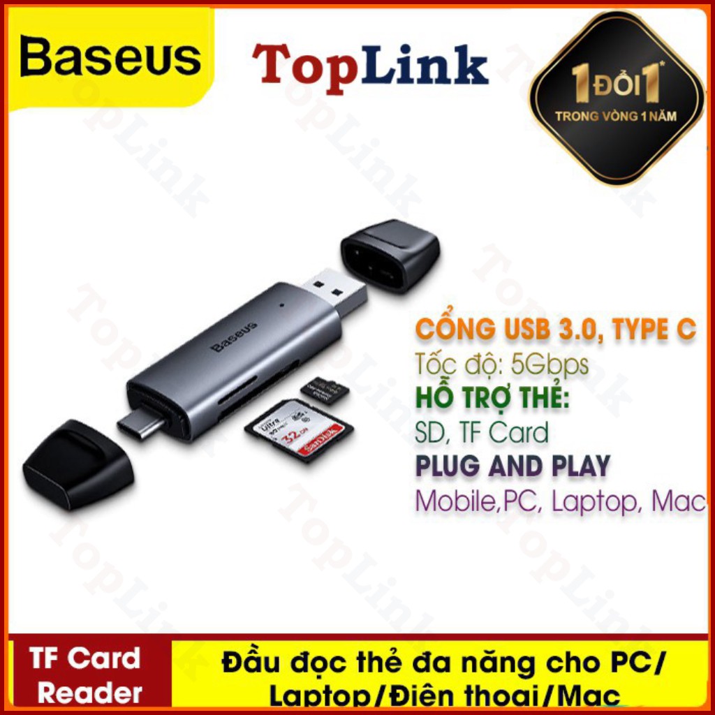 Đầu Đọc Thẻ Nhớ Baseus 2 Trong 1 USB 3.0 / Type-C Tích Hợp Khe Cắm Thẻ Nhớ Micro SD / TF, Thiết Kế Nhỏ Gọn, Dễ Mang Theo