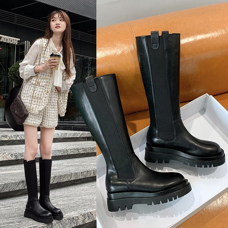 Giày boot cao đến đầu gối gót dày dặn mũi tròn màu trơn phong cách retro thời trang cho nữ