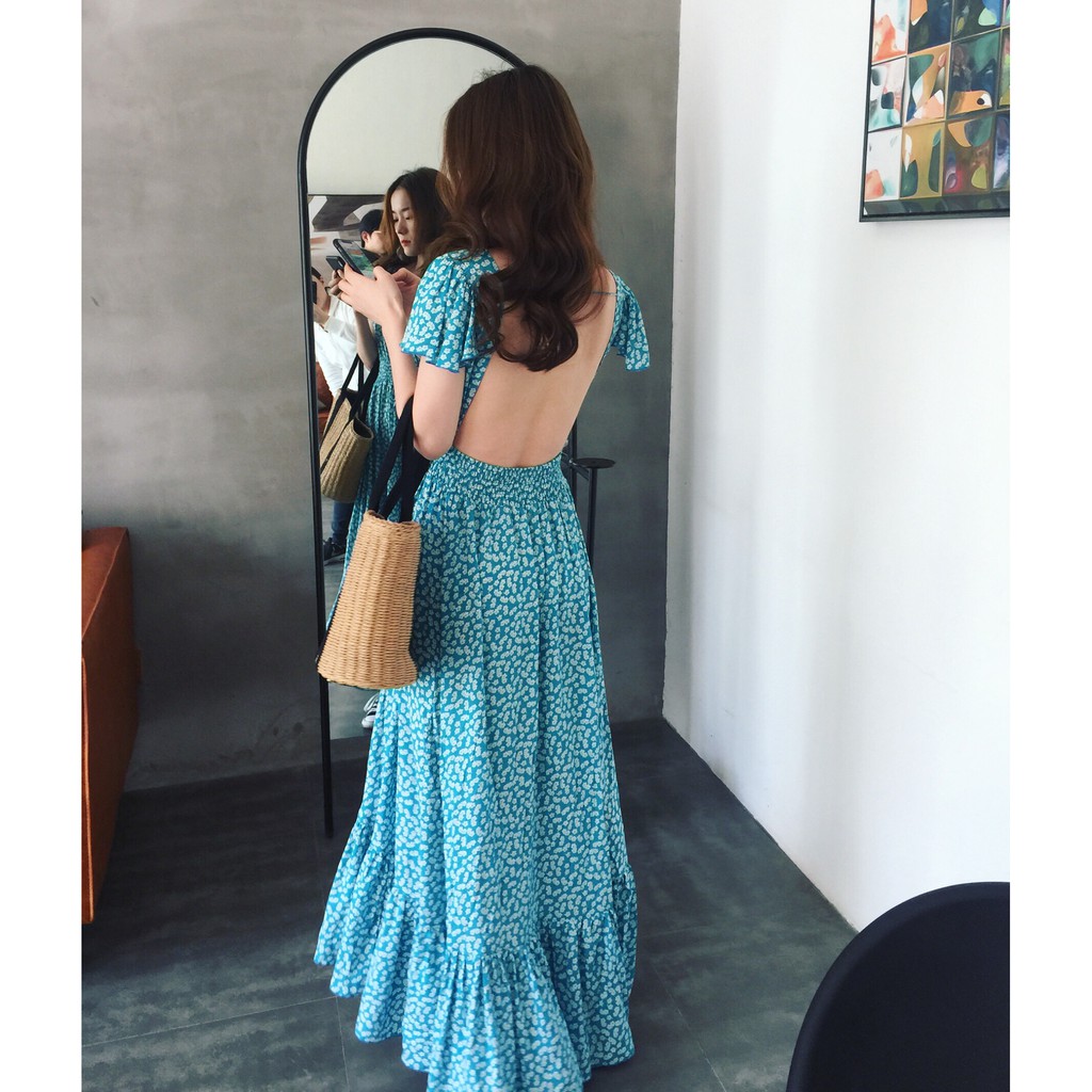 (HÀNG SẴN) Váy maxi hở lưng đuôi cá công chúa cổ tích Boho style Vintage đi biển hè